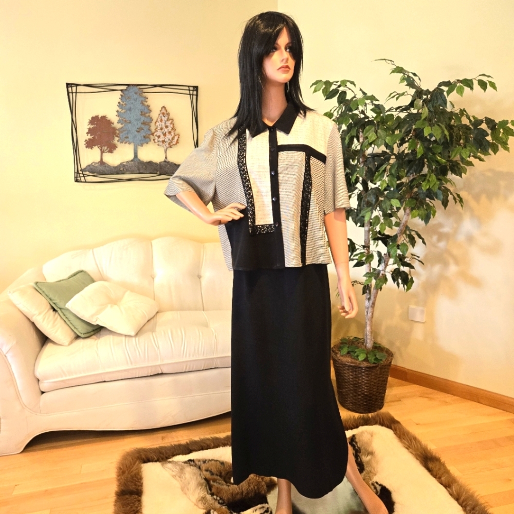 Black Maxi Dress with Black & White Patchwork Jacket Size 12